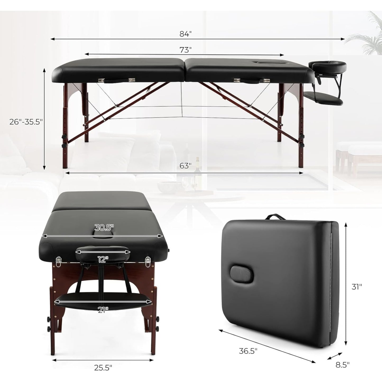 Portable 84" Massage Table, Folding Lash Bed with Foam & Beech Wood Legs, Spa Salon Bed 1000 LBS