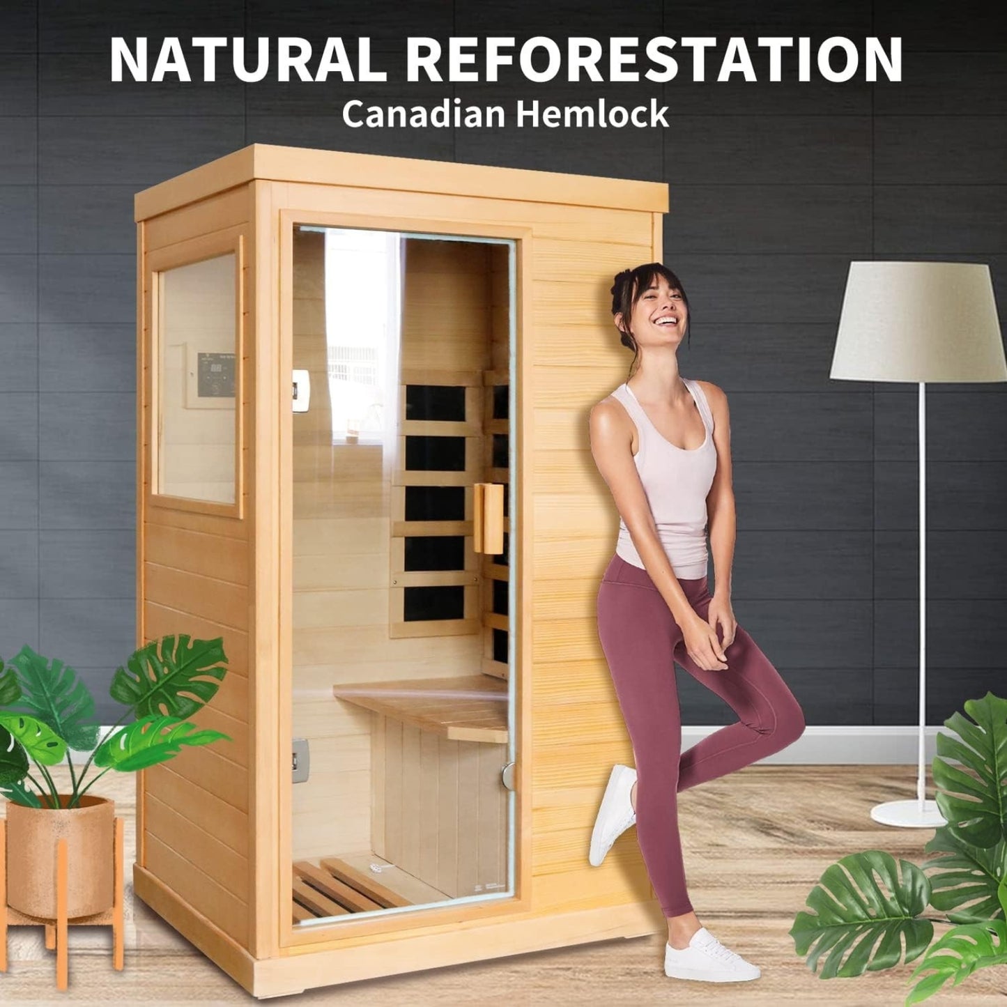 Far Infrared Sauna Home Spa, Canadian Hemlock Wood, 800W Indoor Sauna with Control Panel & Glass