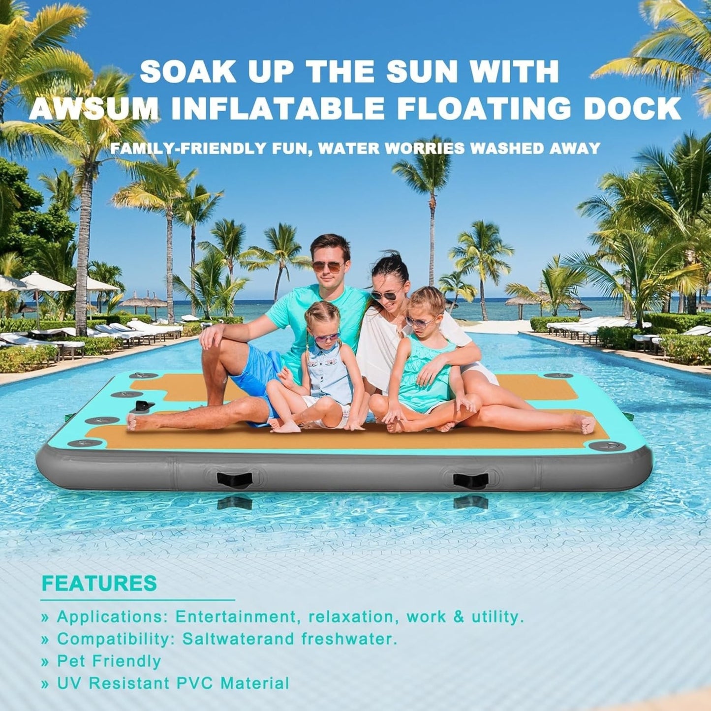 Inflatable Floating Dock 8ft/10ft – Non-Slip EVA Swim Platform, Water Mat Raft for Lake, Pool & Beach