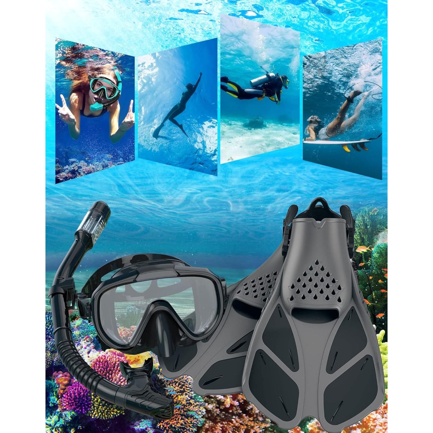 Snorkeling Gear for Adults | 4-in-1 Snorkel Set with Mask, Fins, Dry Top Snorkel & Travel Bag