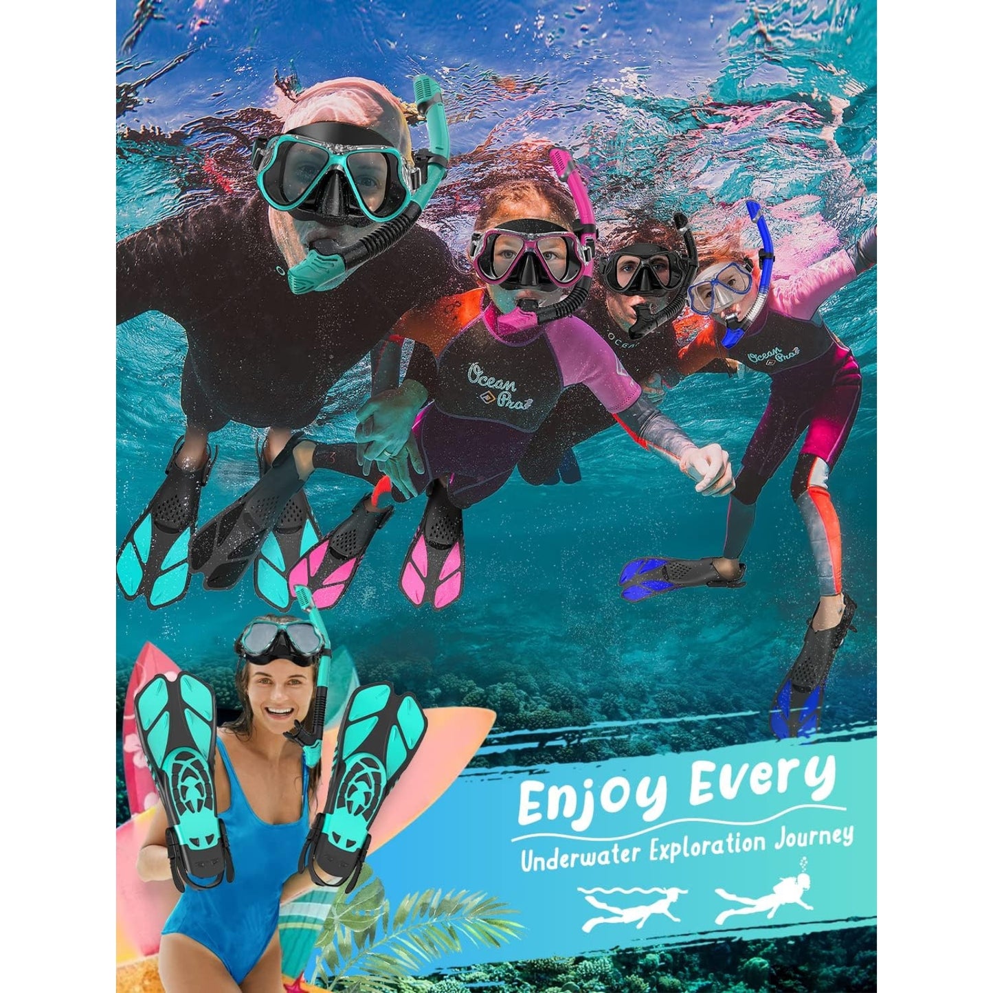 Mask Fins Snorkel Set with Panoramic Anti-Fog Mask, Dry Top Snorkel & Adjustable Swim Flippers