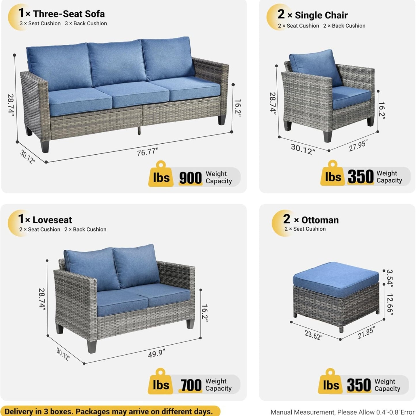 6-Piece Patio Furniture Set Outdoor Wicker Rattan Sofa Couch with Cushions & Ottomans, Denim Blue