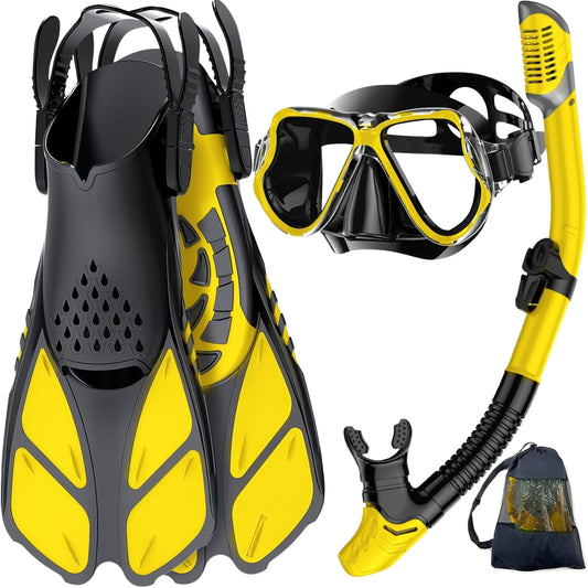 Mask Fins Snorkel Set with Panoramic Anti-Fog Mask, Dry Top Snorkel & Adjustable Swim Flippers