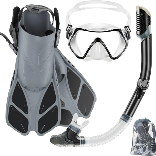 Mask Fin Snorkel Set with Anti-Fog Panoramic Mask, Trek Fins, Dry Top Snorkel & Travel Gear Bag