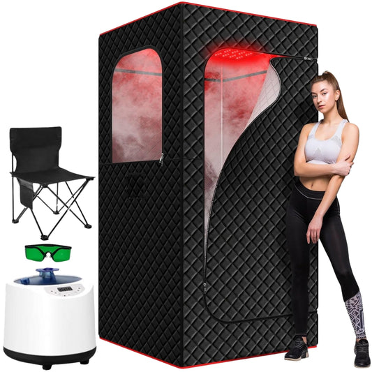 Portable Infrared Home Steam Sauna Box with Red Light Therapy, 3L Steamer & Folding Chair