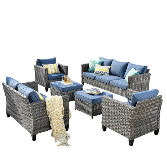 6-Piece Patio Furniture Set Outdoor Wicker Rattan Sofa Couch with Cushions & Ottomans, Denim Blue