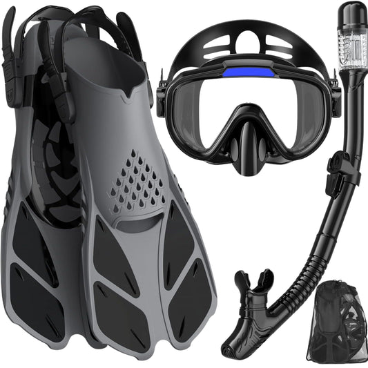 Snorkeling Gear for Adults | 4-in-1 Snorkel Set with Mask, Fins, Dry Top Snorkel & Travel Bag