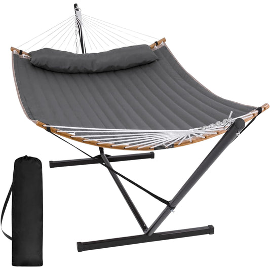 Double Portable Hammock with Stand – 2 Person Outdoor Hammock, Curved Spreader Bar, Dark Gray