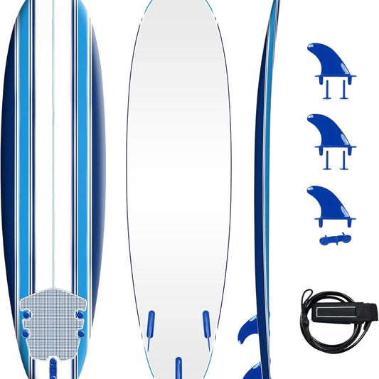 Classic 7ft Soft Top Foam Surfboard – Beginner Friendly Surfboard with Leash, Triple Fins & Tail Pad Heat Laminated, Blue Pinline
