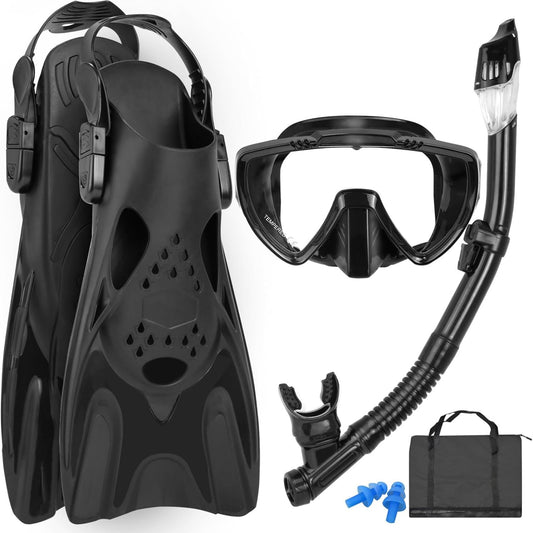 Mask Fins Snorkel Set for Adults | Panoramic Anti-Fog Diving Mask, Dry Top Snorkel & Swim Fins with Bag