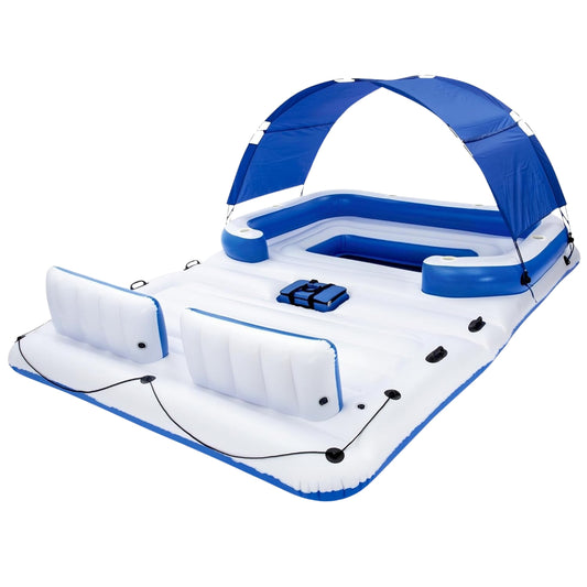 Tropical Breeze 6 Person Inflatable Party Island Float with Sunshade & Cooler – Relax on Water