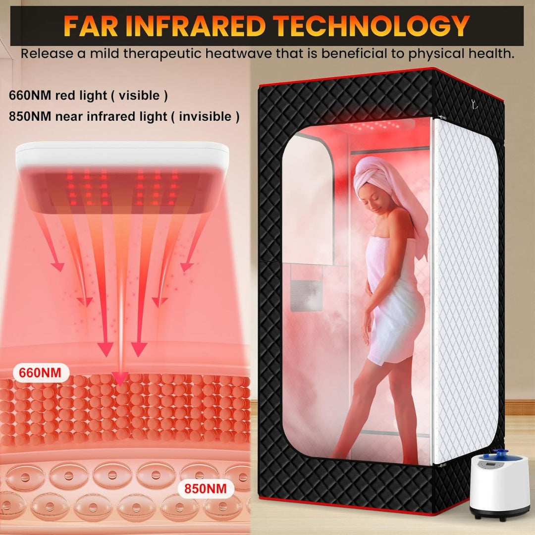 Portable Infrared Home Steam Sauna Box with Red Light Therapy, 3L Steamer & Folding Chair