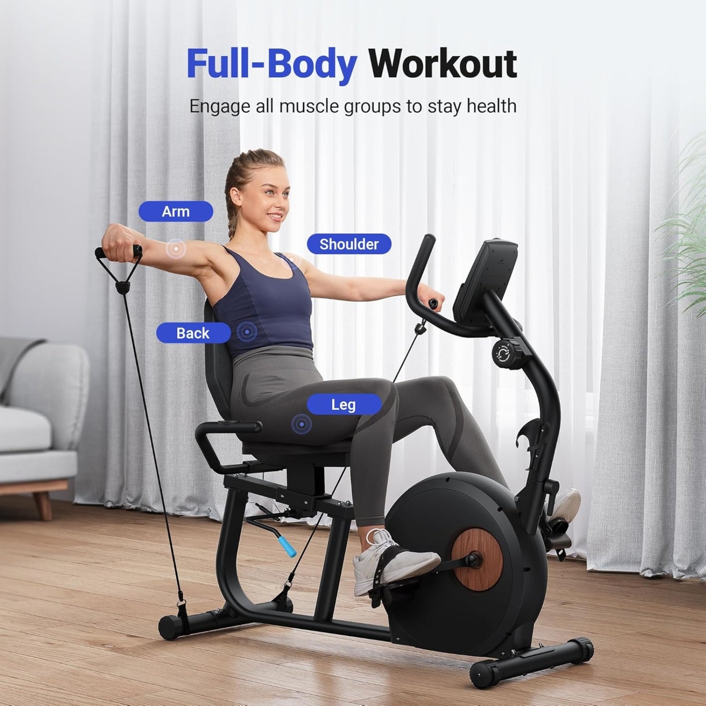 Recumbent Exercise Bike with Bluetooth, App Connectivity, LCD & Resistance Bands – S08/S23