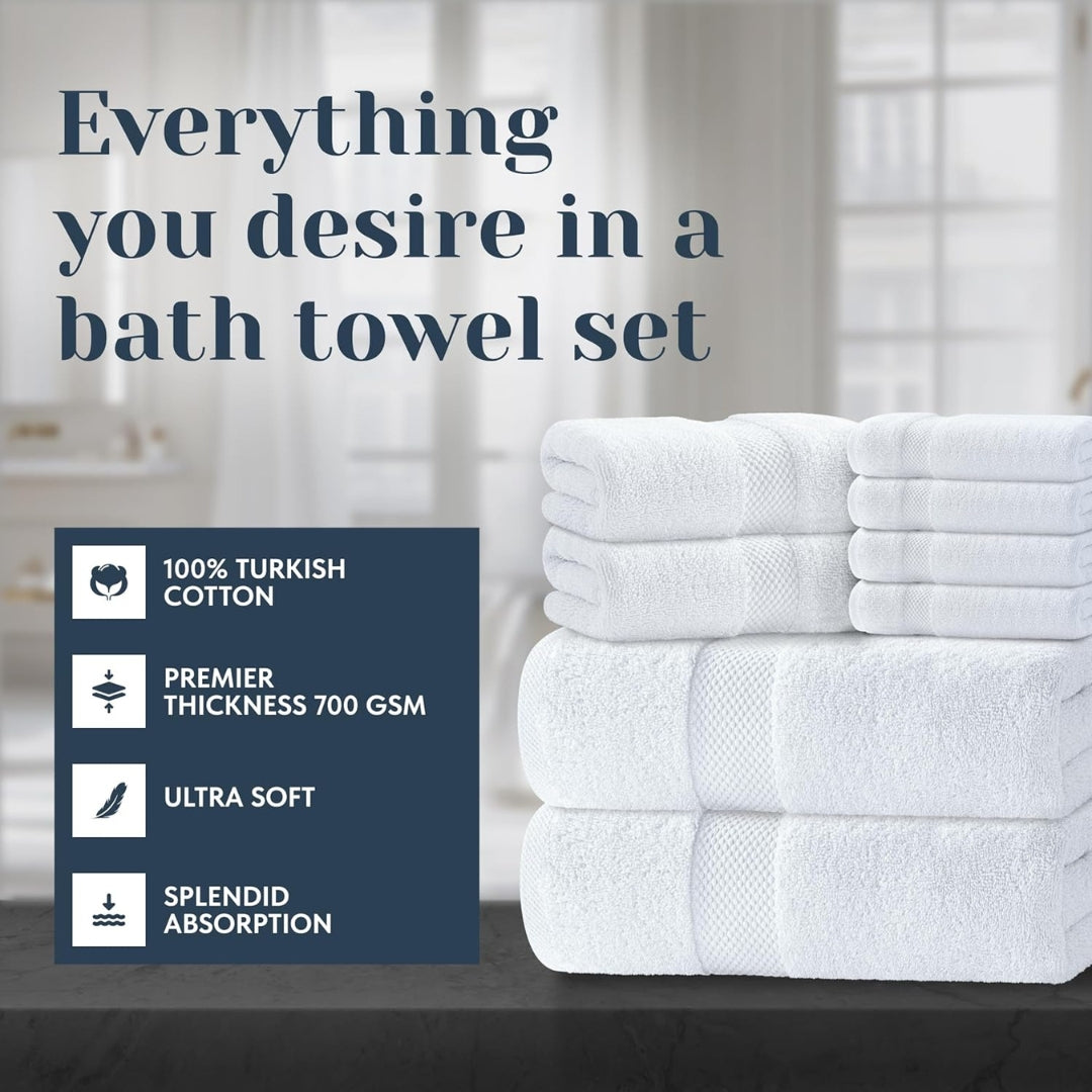 Luxury 8-Piece White Bath Towel Set | 100% Turkish Cotton 700 GSM | Soft, Absorbent & Quick Dry