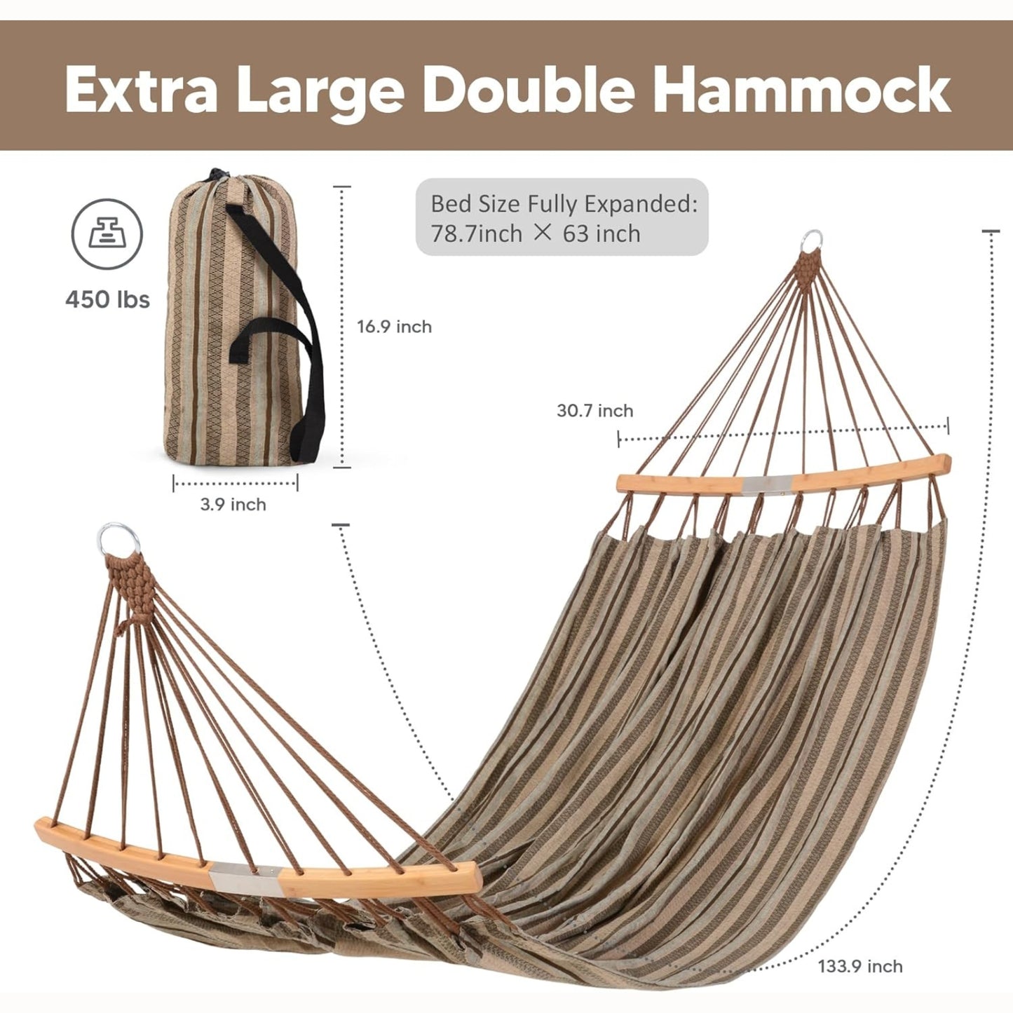 Double Hammock with Curved Spreader Bar – Portable Outdoor Camping Hammock for 2, Max 450lbs