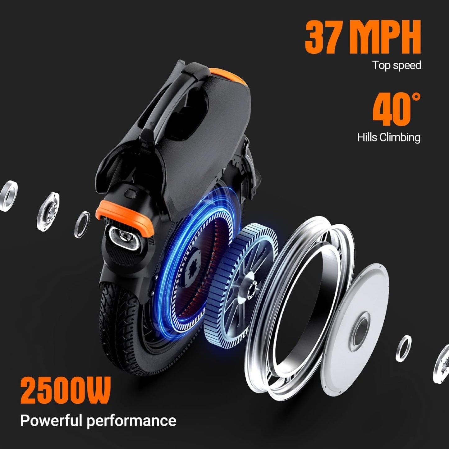Electric Unicycle with Seat, Power Pads & Honeycomb Pedals | 2500W Motor, 37MPH Speed, 75-Mile Range