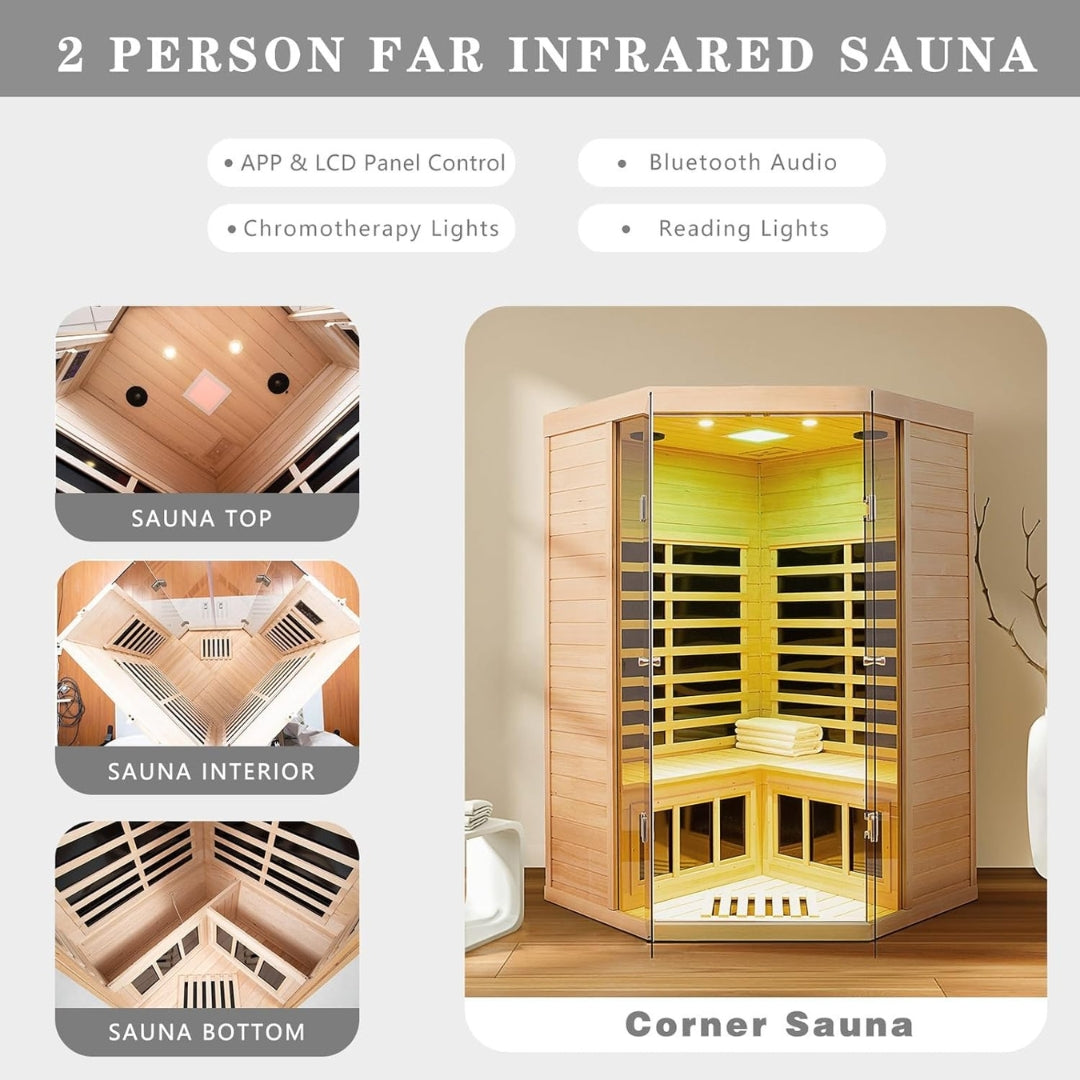 2-3 Person Ultra Low EMF Far Infrared Sauna with APP & LCD Control, Hemlock Wood, Bluetooth & Lights