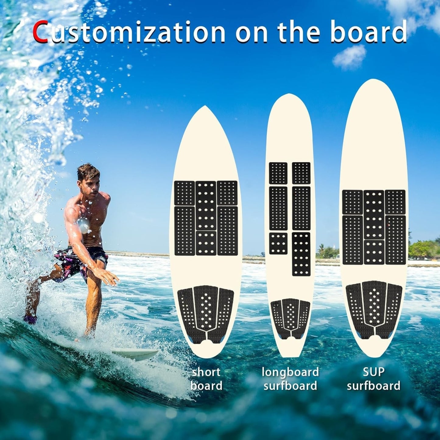 9 Piece Surf Deck Traction Pad with Tail Kicker – Premium EVA Foam for Surfboards & Skimboards