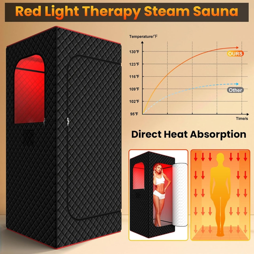 Portable Infrared Home Steam Sauna Box with Red Light Therapy, 3L Steamer & Folding Chair