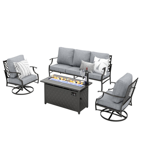 4-Piece Patio Furniture Set with Gas Firepit Table, Swivel Chairs & Sofa | Outdoor Deck Grey