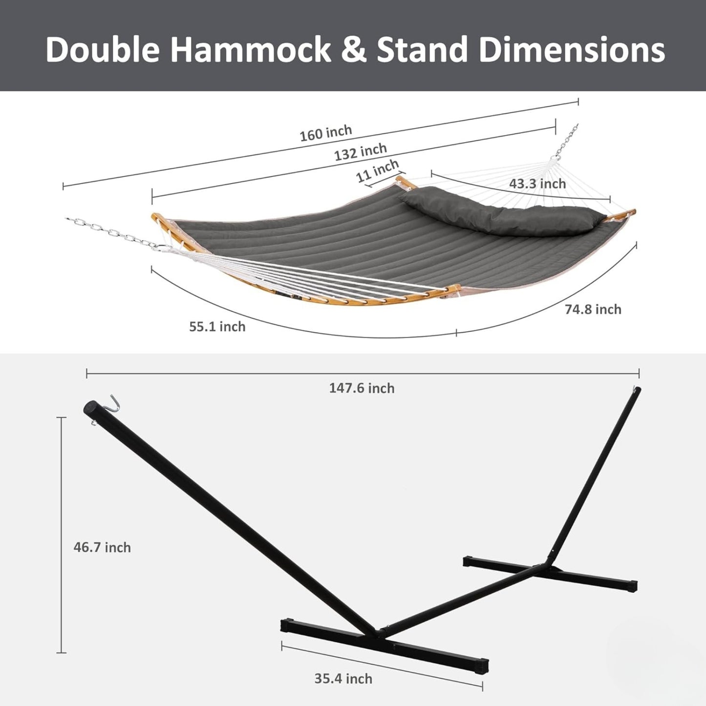 Double Portable Hammock with Stand – 2 Person Outdoor Hammock, Curved Spreader Bar, Dark Gray
