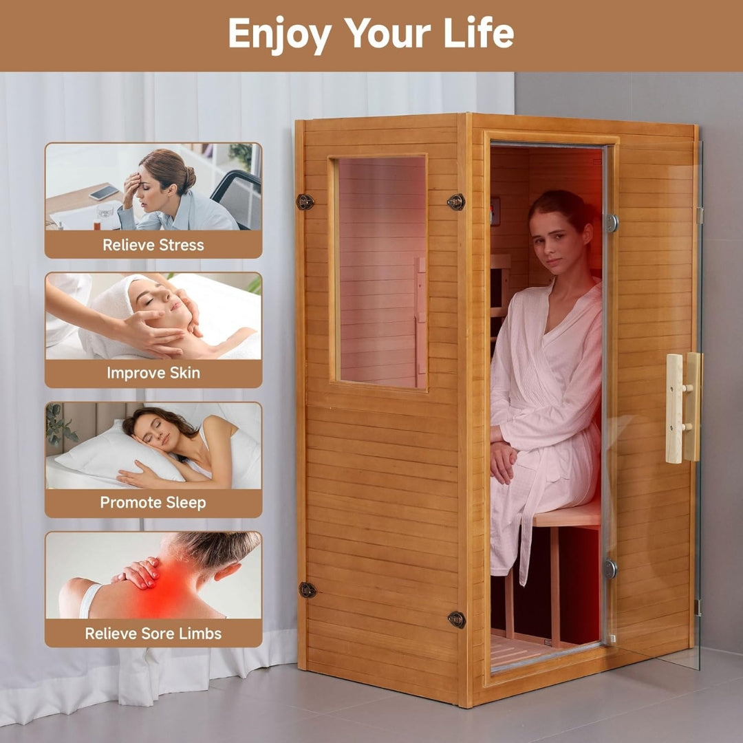 Infrared Home Sauna – 1 Person Low EMF Canadian Hemlock Spa, Far Infrared, 950W Indoor Sauna Room